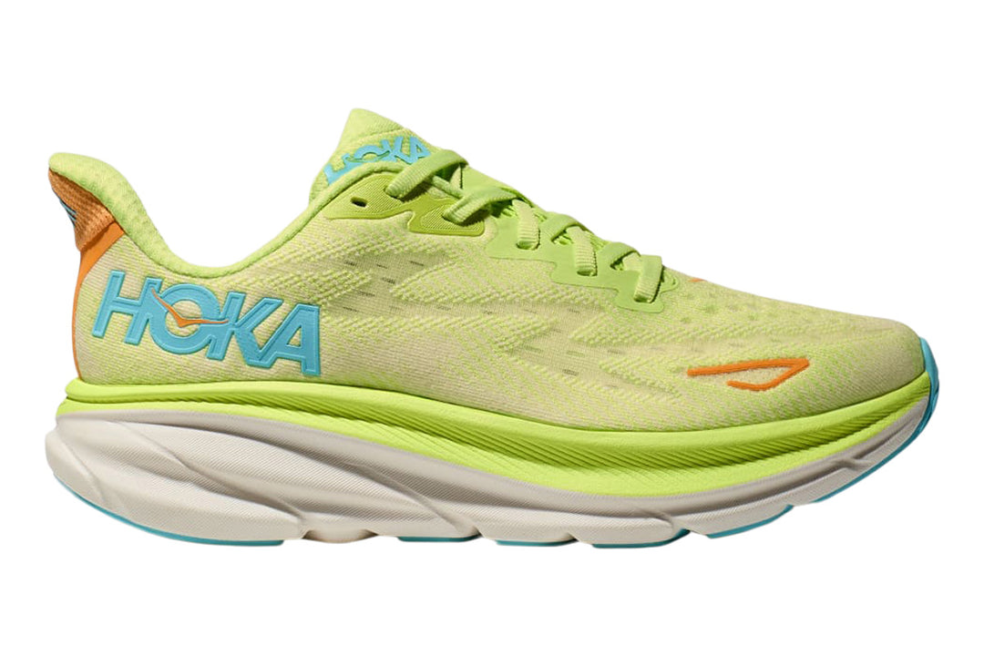 Hoka Clifton 9 B Lettuce/Solar Flare Womens #color_yellow-multi-reds-oranges